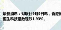 最新消息：财联社9月9日电，香港恒生指数跌幅扩大至2%，恒生科技指数现跌1.93%。