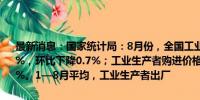 最新消息：国家统计局：8月份，全国工业生产者出厂价格同比下降1.8%，环比下降0.7%；工业生产者购进价格同比下降0.8%，环比下降0.6%。1—8月平均，工业生产者出厂