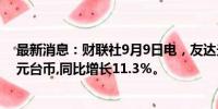 最新消息：财联社9月9日电，友达光电8月销售额270.1亿元台币,同比增长11.3％。