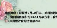 最新消息：财联社9月10日电，旭辉控股8月合约销售额19.4亿元人民币，合同销售面积约14.41万平方米，合约销售均价约1.42万元/平方米，1-8月累计合约销售额241