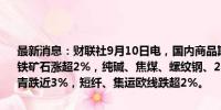 最新消息：财联社9月10日电，国内商品期市开盘涨跌互现，碳酸锂、铁矿石涨超2%，纯碱、焦煤、螺纹钢、20号胶涨近2%。跌幅方面，沥青跌近3%，短纤、集运欧线跌超2%。