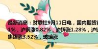 最新消息：财联社9月11日电，国内期货夜盘开盘多数上涨，沪银涨1.11%，沪铜涨0.82%，沪锌涨1.28%，沪镍涨1.55%，铁矿涨2.35%，焦煤涨3.52%，玻璃涨