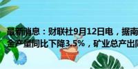 最新消息：财联社9月12日电，据南非统计局，南非7月份黄金产量同比下降3.5%，矿业总产出同比增长1.4%。