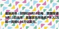 最新消息：财联社9月13日电，美国投资公司协会（ICI）的数据显示，9月11日当周，美国货币市场资产9.32万亿美元，继续创历史新高，之前一周报6.30万亿美元。